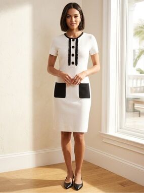 iBlues (Max Mara) Ivory Knit Mod Dress with Ruffle Detail & Pockets - Small